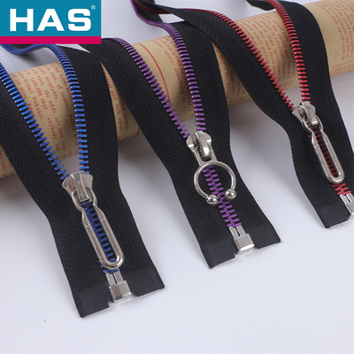 28 Inch Open Ended Zip Black Eco Friendly Zipper Red Teeth For Leather Garment