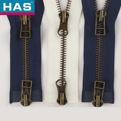 Two Way Open End Brass Plated Bronze Y Teeth Zipper Double Auto Lock Slider For Coats