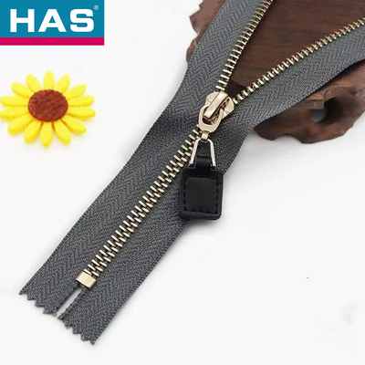 Eco Friendly Custom Metal Close-end Zipper With Leather Puller In Shiny Gold / Light Gold Teeth