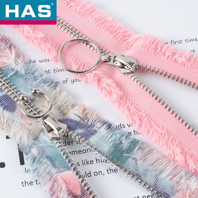 HAS #5 Fuzzy Stripe Zippers With Keyring For Bags Apparel
