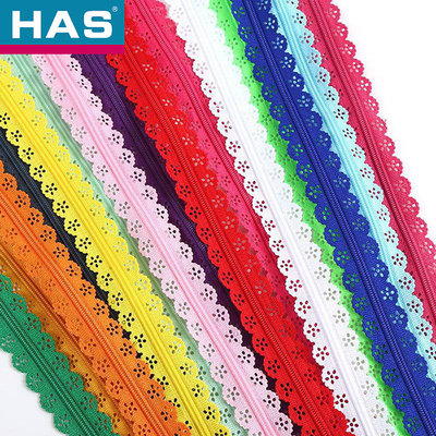 HAS #3 Assorted Lace Trim Zippers With Metal Sliders For Clothing Or Bags