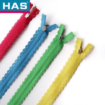 HAS #3 Assorted Color Lace Trimmed Nylon Zippers With Metal Sliders