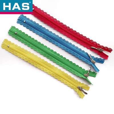 HAS #3 Assorted Color Lace Trimmed Nylon Zippers With Metal Sliders