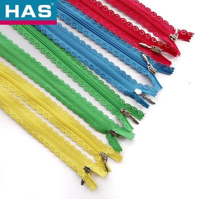 HAS #3 Assorted Color Lace Trimmed Nylon Zippers With Metal Sliders