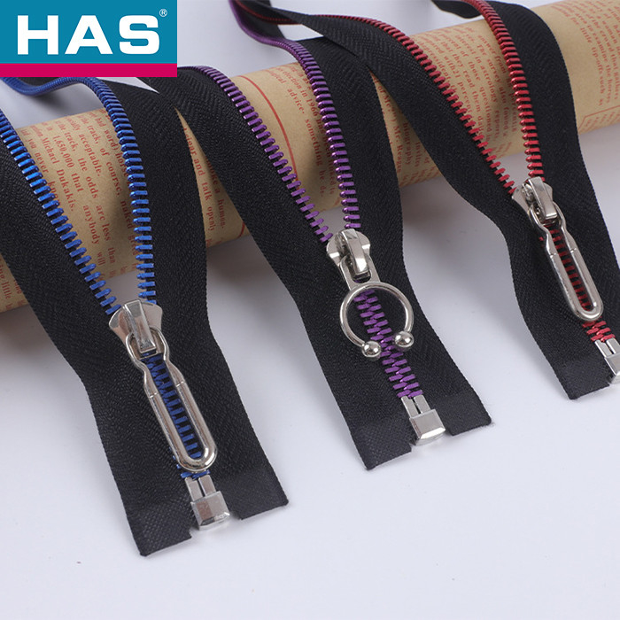 28 Inch Open Ended Zip Black Eco Friendly Zipper Red Teeth For Leather Garment
