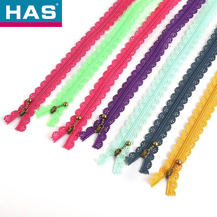 HAS #3 Assorted Lace Trim Zippers With Metal Sliders For Clothing Or Bags
