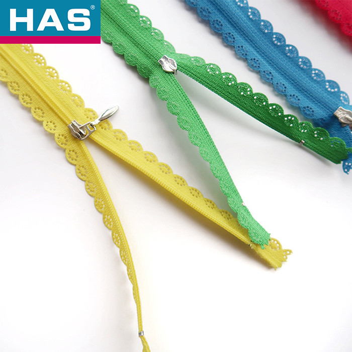 HAS #3 Assorted Color Lace Trimmed Nylon Zippers With Metal Sliders